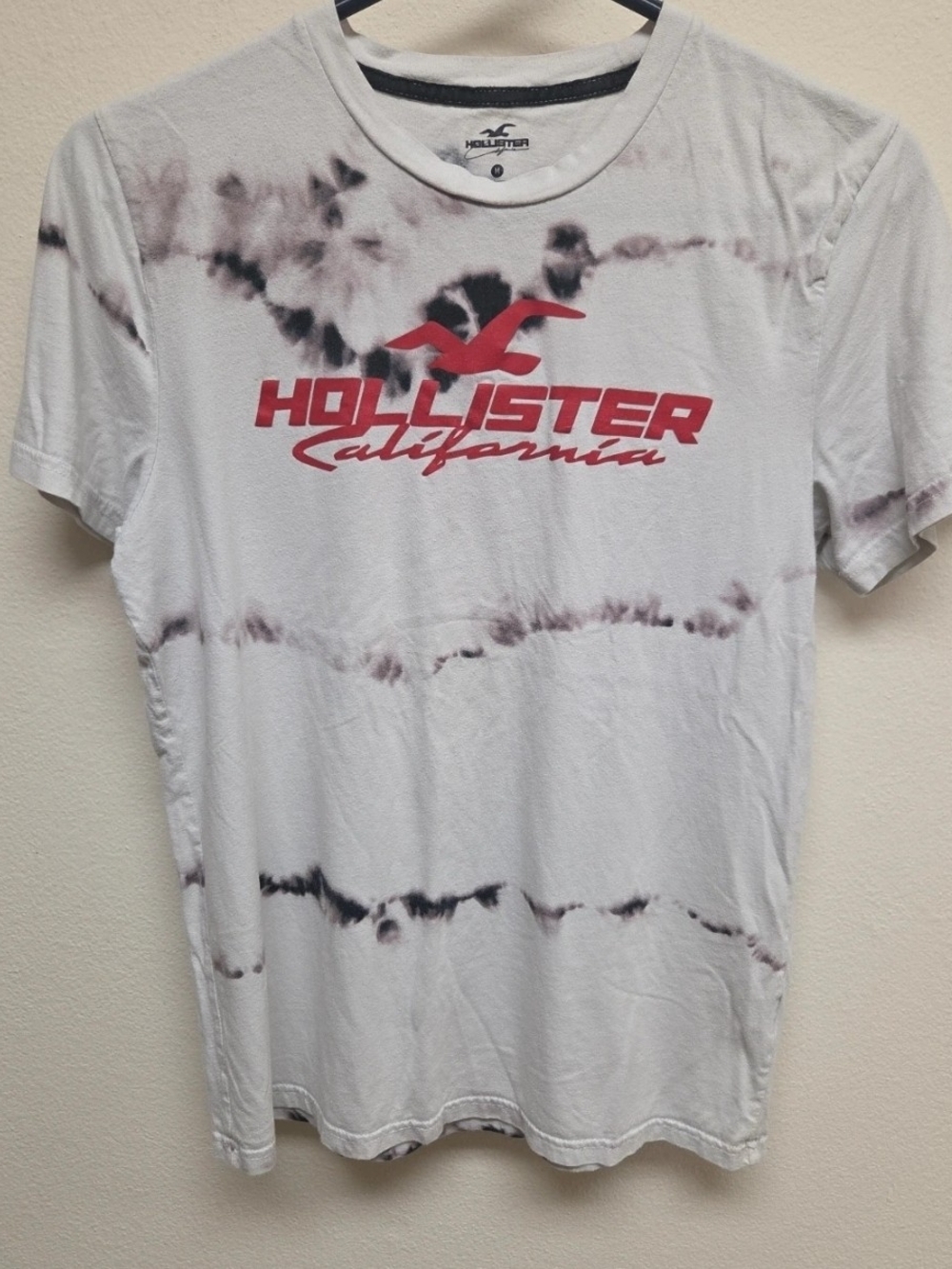 Hollister White Tie-Dye Logo Tee with Red Script